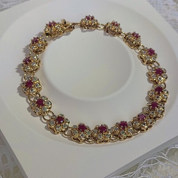 Elegant Genuine Ruby & Diamond Flower Bracelet - Picture 2 of 9